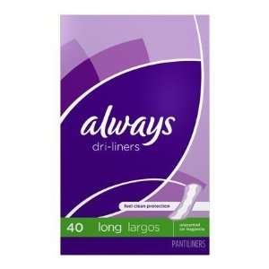  Always Dri Liners Pantiliners, Long, Unscented, 40 ct 