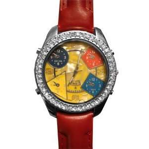    Red Time Zone Leather Bling HIP HOP Fashion Watch 