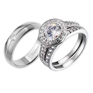   Titanium Sterling Silver Cubic Zirconia Wedding Bridal Ring Set  