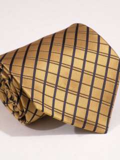 Desantis Collection designer woven silk neck tie gold navy blue plaid 