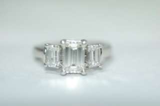 Classic Platinum Three Stone 2.40ct Emerald Cut Diamond Engagement 