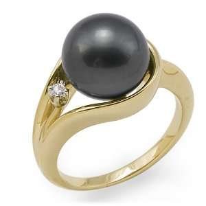  Tahitian Black Pearl Ring with Diamond in 14K Yellow Gold 