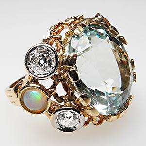 Antique Cocktail Ring Aquamarine Diamond & Opal Solid 14K Gold