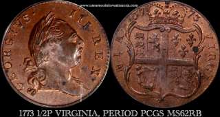 1773 Virginia 1/2P PCGS MS62 RB  