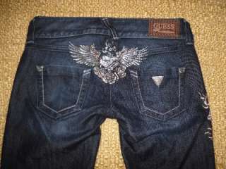  Premium Angel wings crystals roses dark low rise Skinny Jeans EUC 26