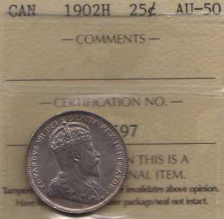 1902 (1902H) Canada Silver Quarter ICCS AU 50 Rare Date  