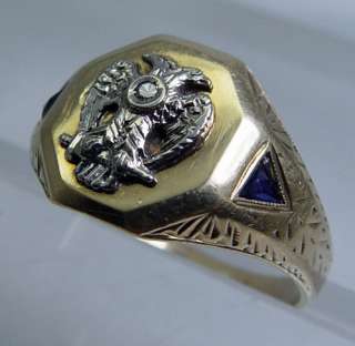 Antique Two Headed Eagle 14K Gold Sapphire Etched Ring  