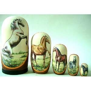  Horses Russian Nesting Nested Stacking Doll 5 / Pc 6in 