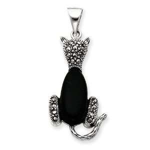  Sterling Silver Marcasite & Onyx Cat Pendant Jewelry