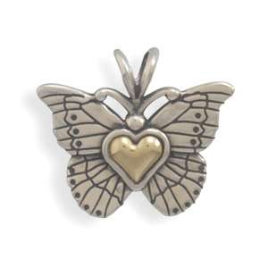 925 Silver &14k Gold Heart Butterfly Necklace Pendant  