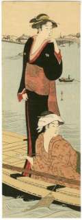 EISHI Japanese Woodblock Print TWO BEAUTIES ON A BOAT  