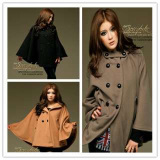 CHIC DOUBLE BREASTED HOODED CAPE COAT FAUX WOOLEN ZZ00146  