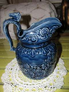 Blue Wood Pottery England Horse Head Handled Pitcher  