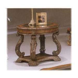   HAND CARVED ANTIQUE FINISH, END TABLE WITH GLASS INLAY