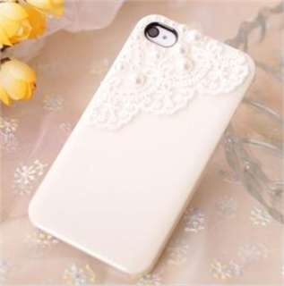 New Beige Lace Deco Bling Pearl Sweet Glossy Case Cover for iPhone 4 