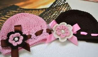lots 2 kufi CROCHET Beanies hair bow clips newborn  young girl pink 
