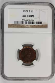 1927 S 1¢ NGC MS63BN   Silky Deep Colors  