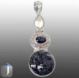 DAINTY BLUE GOLDSTONE FULL MOON FACE CARVING 925 SILVER ARTISAN 