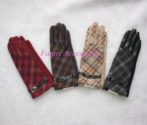   Girls Wool Acrylic Check Plaid Winer Autum Gloves with Wrist Belt Deco