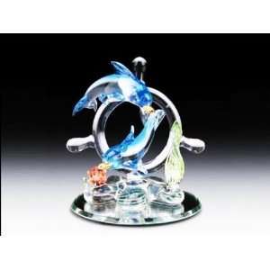  Spun Glass Dolphin with Ships Wheel on Mirror Base