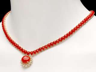 22800 CERTIFIED 14K YELLOW GOLD 39CT CORAL 0.80CT DIAMOND NECKLACE 