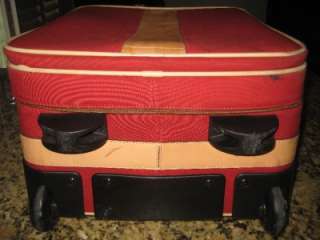   RED/TAN LEATHER TRIM SUITCASE WHEELED LUGGAGE TRAVEL CARRYON $899 5955