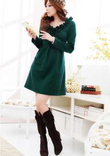 wholesale Korean Style Flounce Embellished Knitted Dress Deep Green