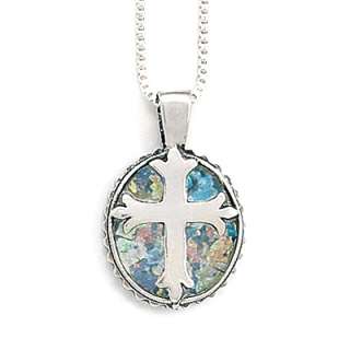 18 Round Ancient Roman Glass Cross Necklace 925 Sterling Silver 