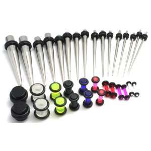 32pc Ear Stretching Kit Steel Tapers and Color UV Plugs 0g 2g 4g 6g 8g 