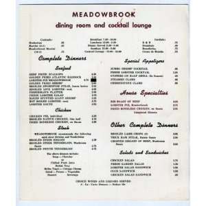    Meadowbrook Dining Room Menu Portsmouth NH 1960s 