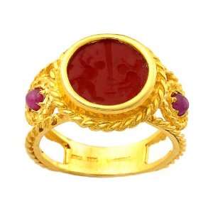   14k Yellow Gold Red Venetian Glass and Rubies Ring, Size 7 Jewelry