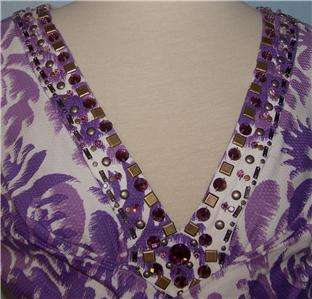 16 Adrianna Papell Violet Purple Floral Stretch Cotton Embellished V 