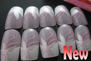Full Tip French Acrylic Nail Art Tips (Glitter Pink Butterfly) 24Pcs 