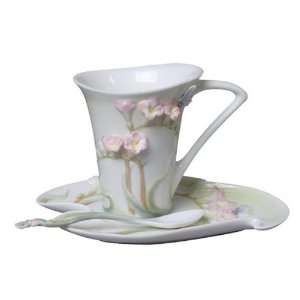  6.75 inch Glazed Porcelain Pink Freesia 3 piece Coffee Set 