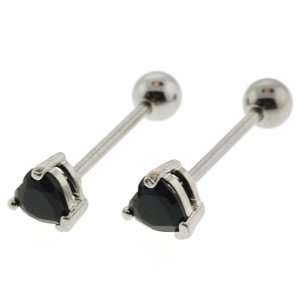Tongue Barbell with Black, Heart Shaped CZ, 3 Prong Set, 8mm Gem   14G 