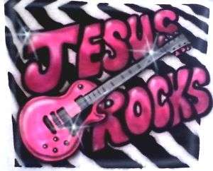 JESUS ROCKS* Airbrushed T Shirt, Stripes Guitar Design  