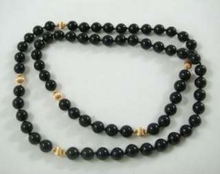 Vintage Black Glass Bead And Gold Accent Single Strand Necklace  