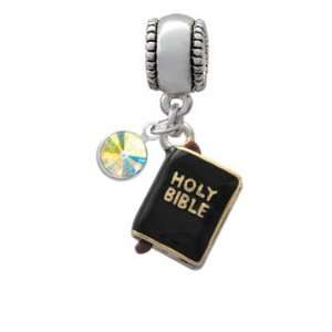 Black Bible with Gold Words   3 D European Charm Bead Hanger with AB 