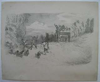 FINE ANTIQUE DRAWING 1864 HORSES CART & DOGS HUNTING  