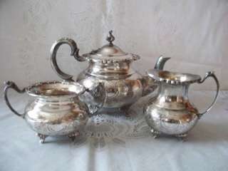 Vintage Silver Plate Victorian Style Tea Pot Sugar & Creamer  