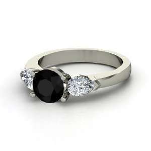 Triad Ring, Round Black Onyx 14K White Gold Ring with 