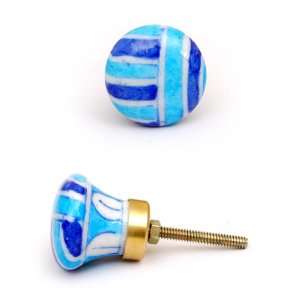Set of 3 Hand Painted Pottery Cabinet Knobs with Blue, Turquoise and 