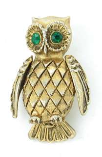 VINTAGE VENDOME OWL SOLID PERFUME PIN FAUX EMERALD EYES  