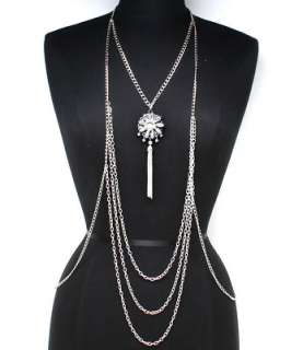 Silver Metal Draped Pearl Body Chain Armor Necklace  