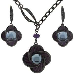  Blue Art Deco Asymmetrical Necklace and Earring Set in Black Jewelry