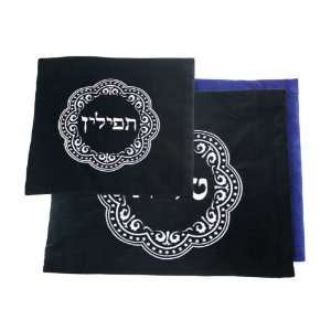   Dark Blue Velvet Tallit and Tefillin Bags with Round Geometric Pattern