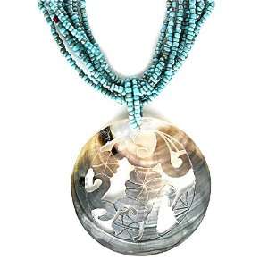 Unique Organic Handcarved Shell and Blue Bead Ladies Pendant Necklace
