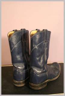 Vintage 80s Navy Blue Leather Round Toe JUSTIN Roper Cowboy Boots 6 C 