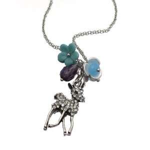 Deer Pendant Necklace; 18L; Burnished Silver Metal; Purple And Teal 
