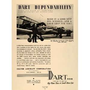 1939 Ad Dart Fleet Plane Aviation School Culver College   Original 